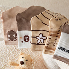 5 Pairs Bear Flowers Crew Socks Lightweight Women's Stockings