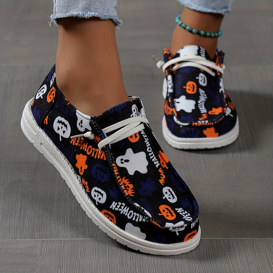 Women's Pumpkin Print Shoes Slip On Low Round Toe Flat Lightweight Shoes