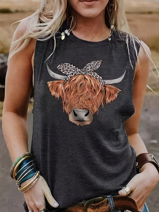 Cow Head Print Tank Top Sleeveless Crew Neck Casual Tops