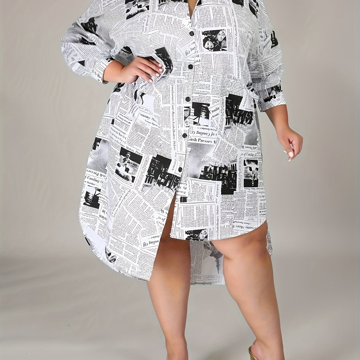 Newspaper Pattern Long Sleeve Casual Dress Shirt Dress