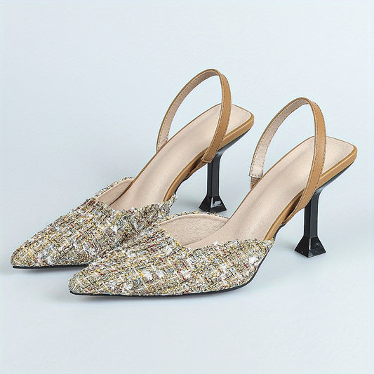 Women's Tweed Slingback High Heels Pointed Toe Slip On Stiletto Heels