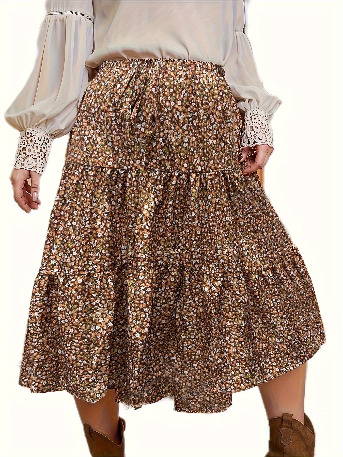 Boho Skirt Women's Plus Allover Ditsy Print Midi Smock Skirt