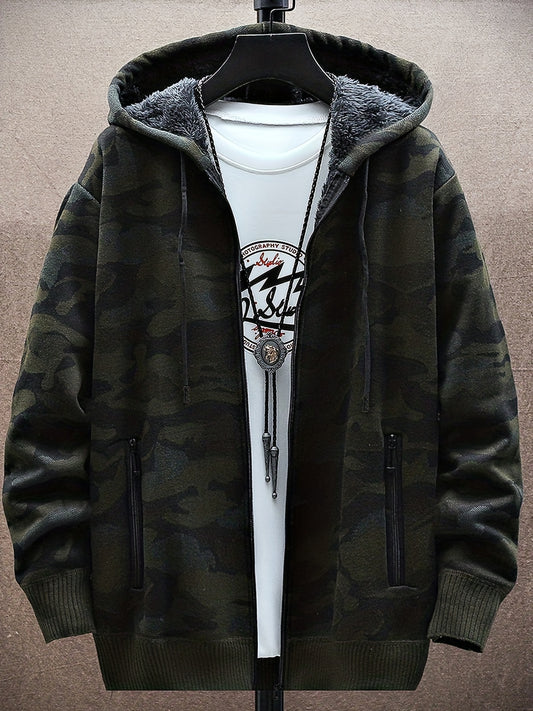 Camouflage Pattern Hooded Cardigan Sweater Men's Zip Up Coat