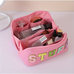 Preppy Patch Makeup Bag Large Capacity Waterproof PU Embroidery Chenille