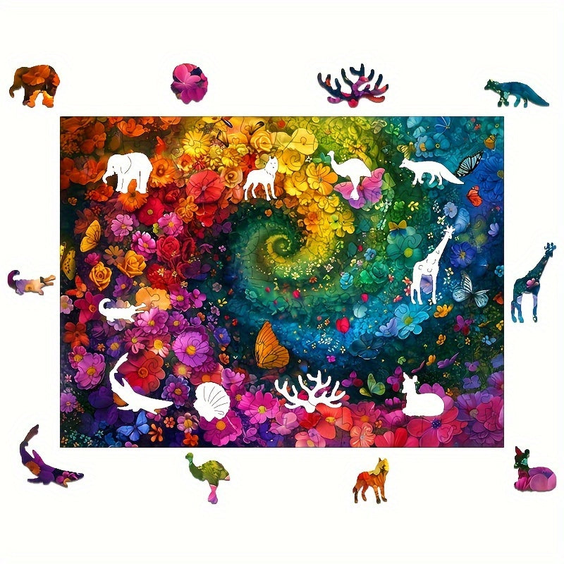 Spiral Flower Sea Wooden Jigsaw Puzzle with Irregular Animal Shapes
