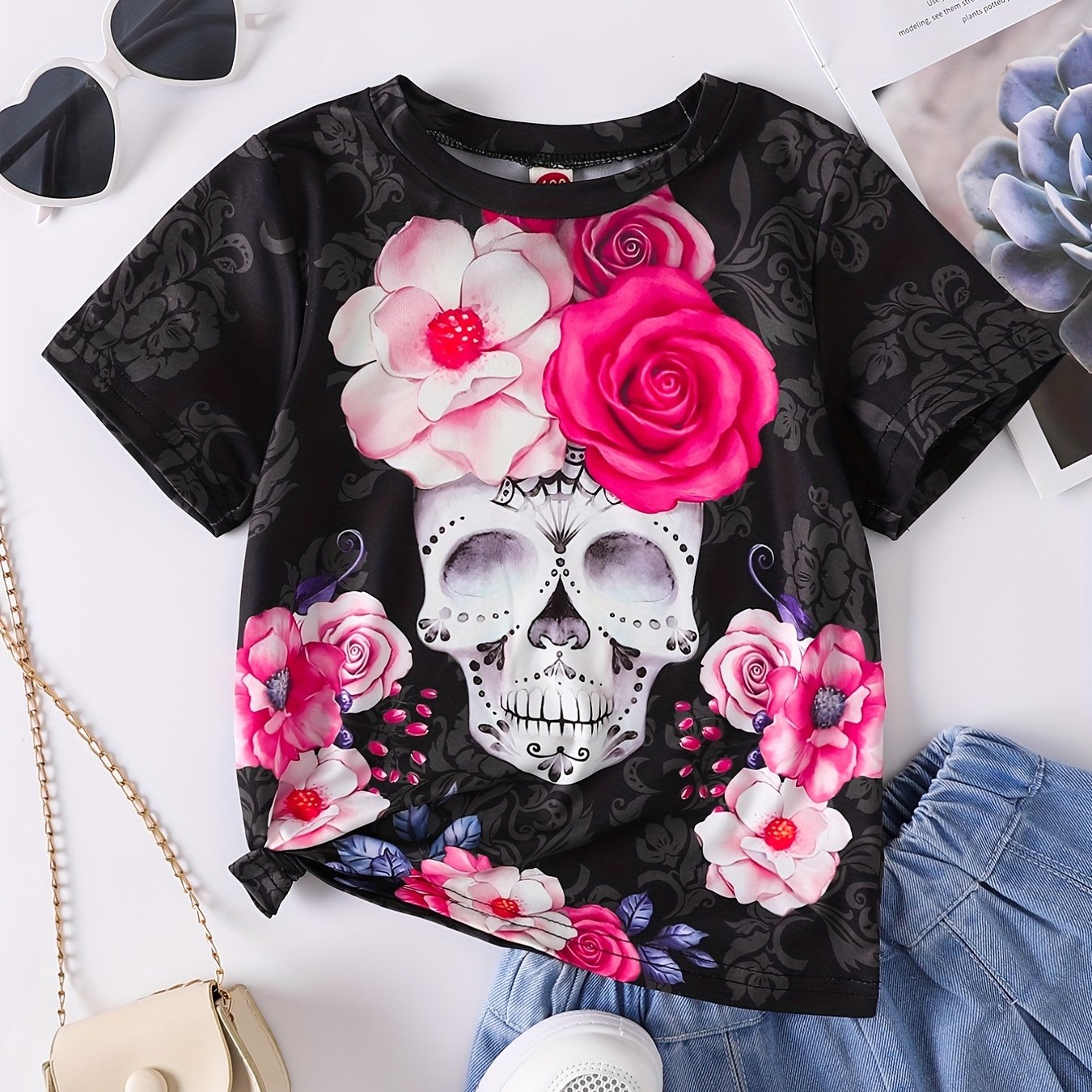 Floral Skull Print Girls Creative T-shirt Lightweight Short Sleeve Tee