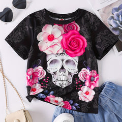 Floral Skull Print Girls Creative T-shirt Lightweight Short Sleeve Tee
