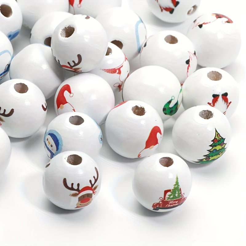 10pcs Christmas Printed Wooden Beads Set Snowman Elk Decorative