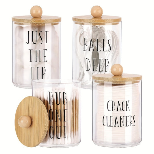 Bamboo Lid Cotton Swab Holder Bathroom Organizer 10 Oz Clear Apothecary Jars