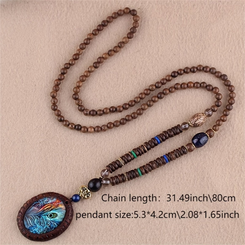 Boho Feather Pendant Wooden Beaded Necklace