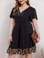Women's Plus Colorblock Leopard Print Contrast Lace Dress