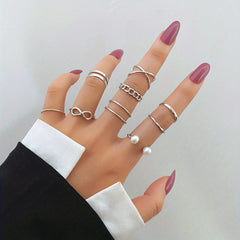 Geometric Cross Pearl Ring Set Women's Jewelry