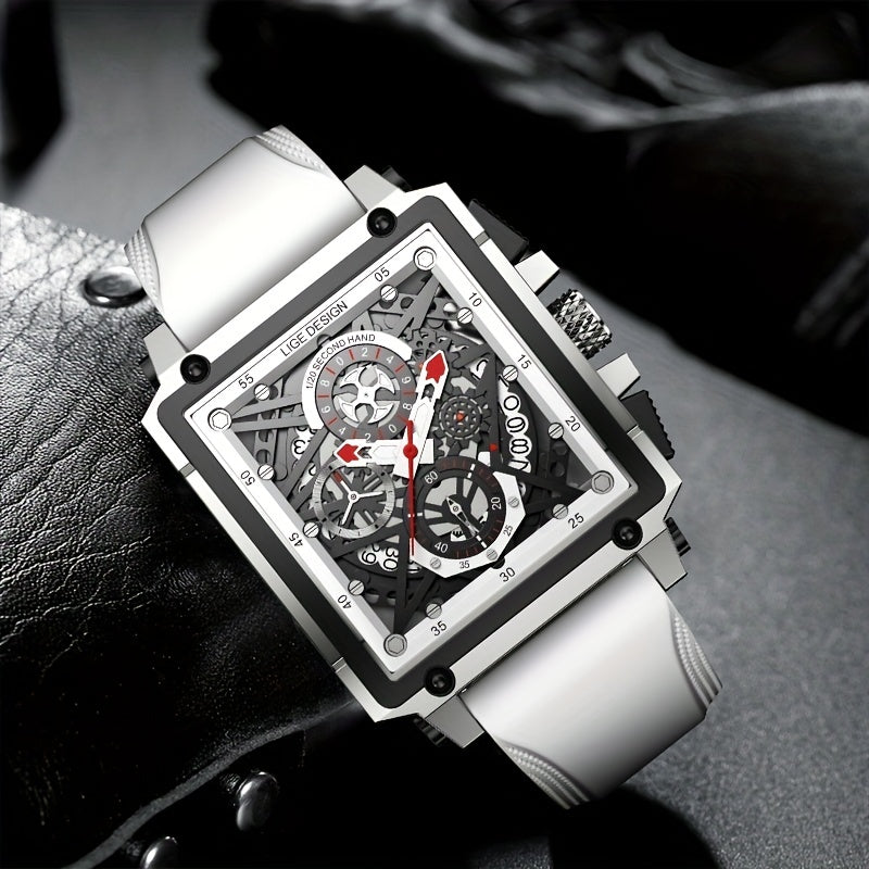 LIGE Boy's Top Hollow Square Sport Watch Leather Strap Waterproof Quartz WristWa