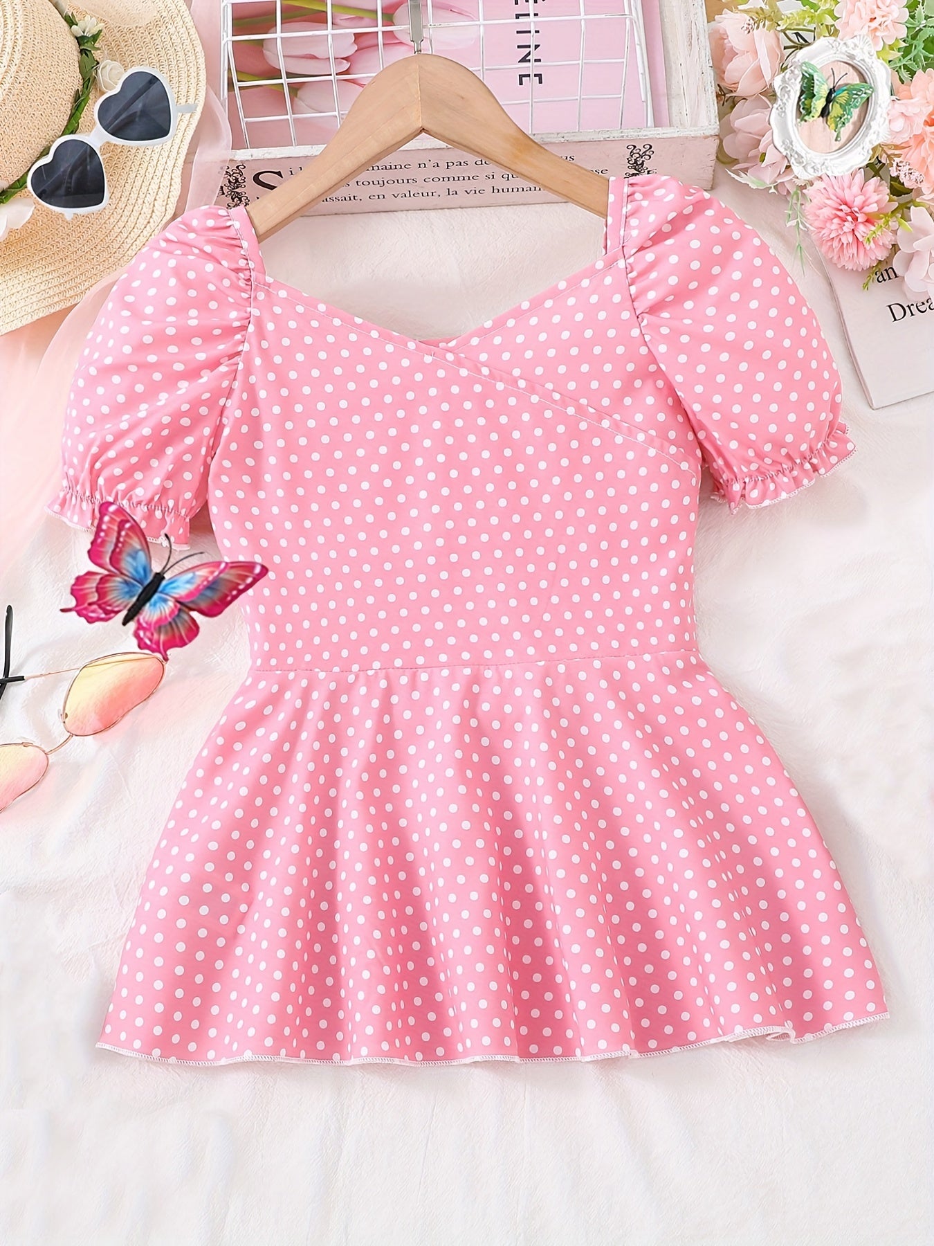 Girls Polka Dot Puffed Blouse Top