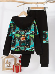 Boys Dino Pattern 2pcs Hoodie & Sweatpants Set for Spring