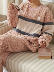 Striped Fuzzy Pajama Set Long Sleeve Crew Neck Top & Elastic Waistband Pants
