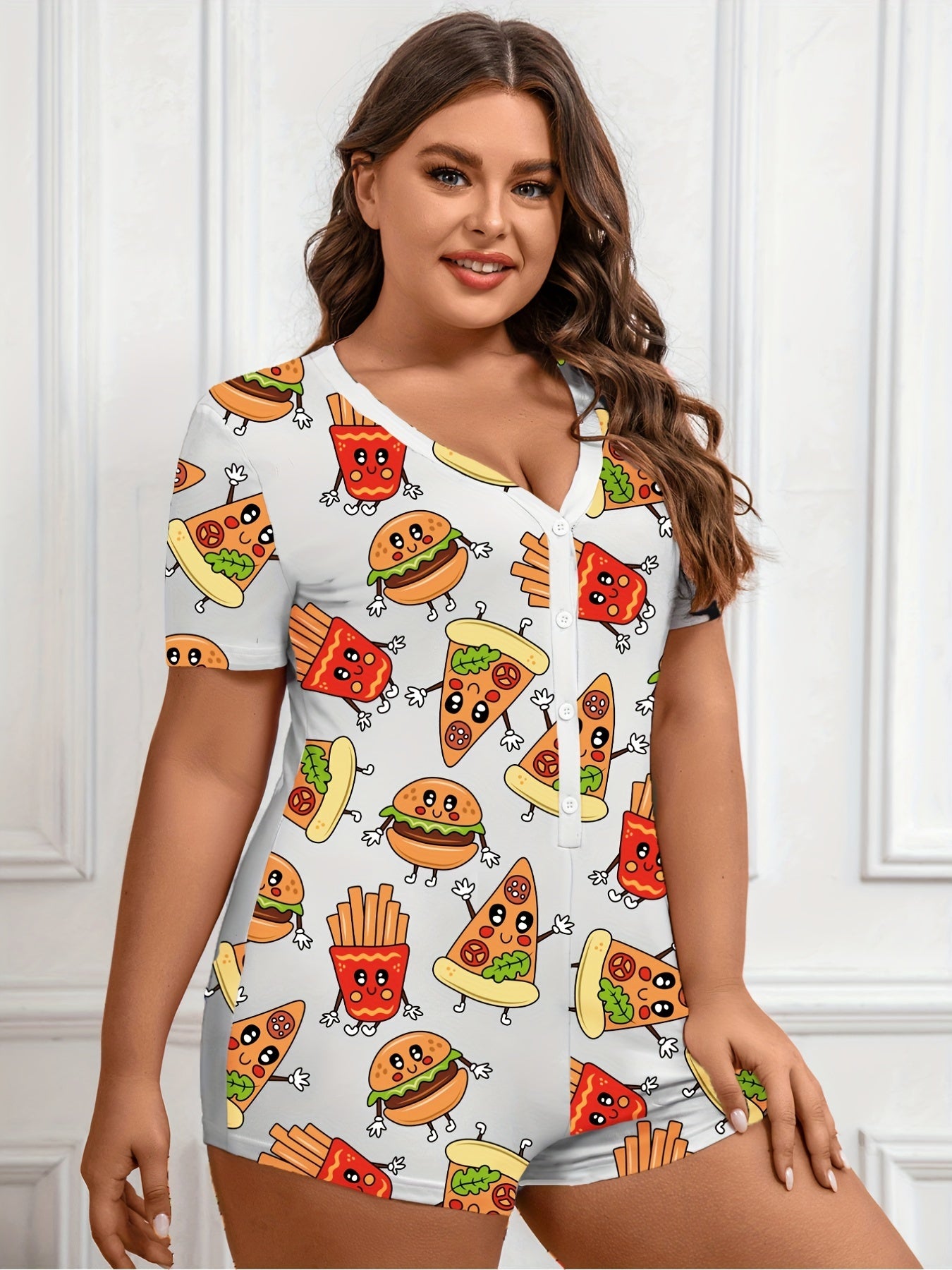  Cartoon Pizza & Burger Print Pajama Romper