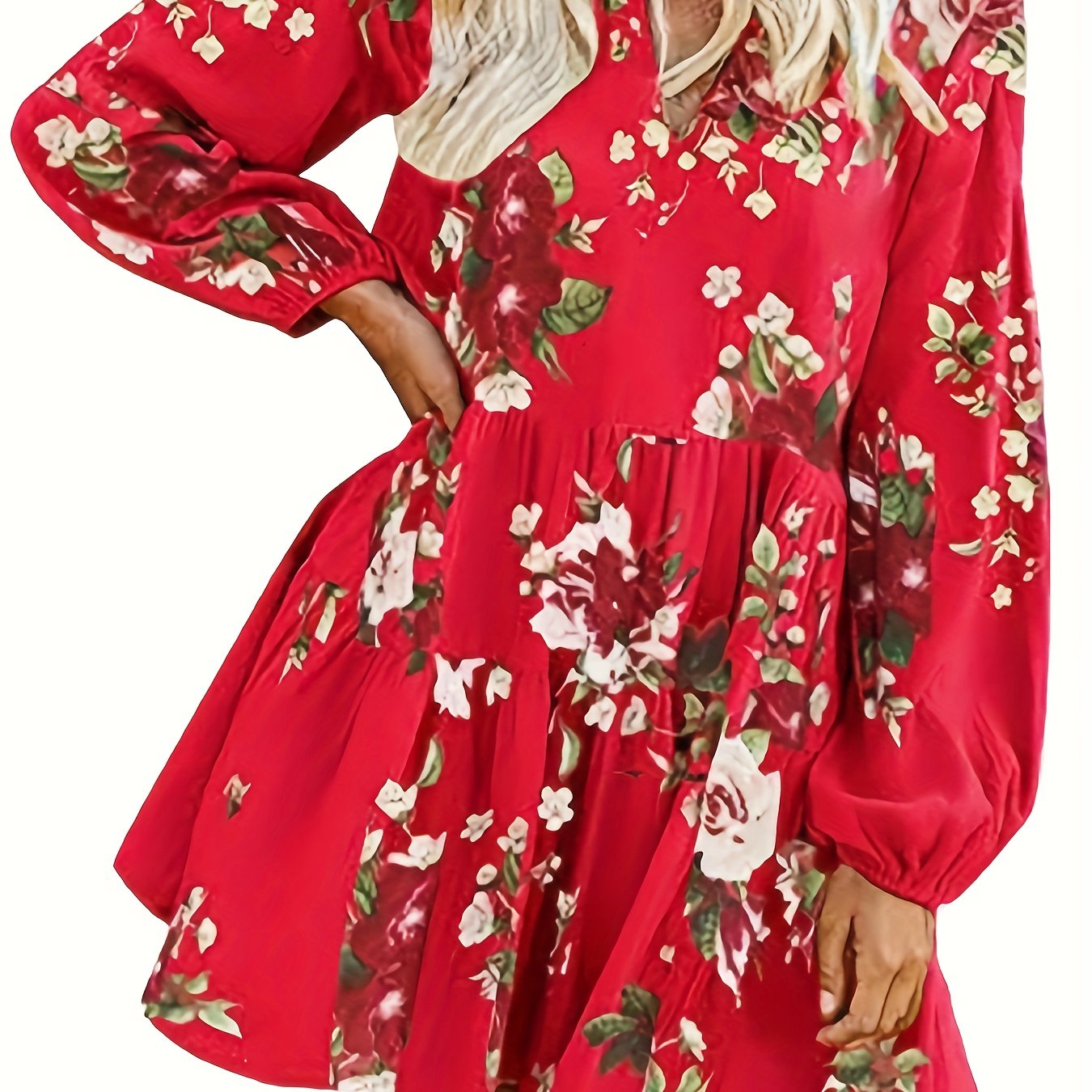  Floral Print Lantern Sleeve V Neck Smock Mini Dress