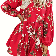  Floral Print Lantern Sleeve V Neck Smock Mini Dress