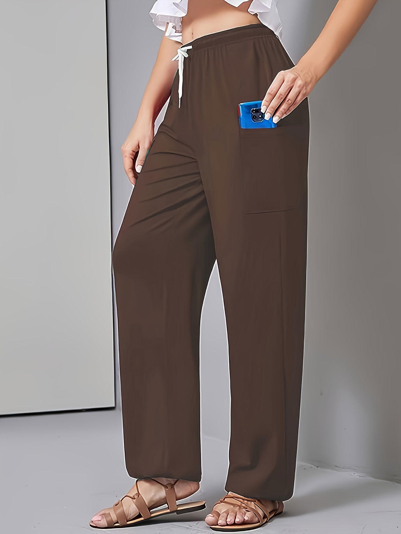  Solid Drawstring Waist Harem Pants with Pockets