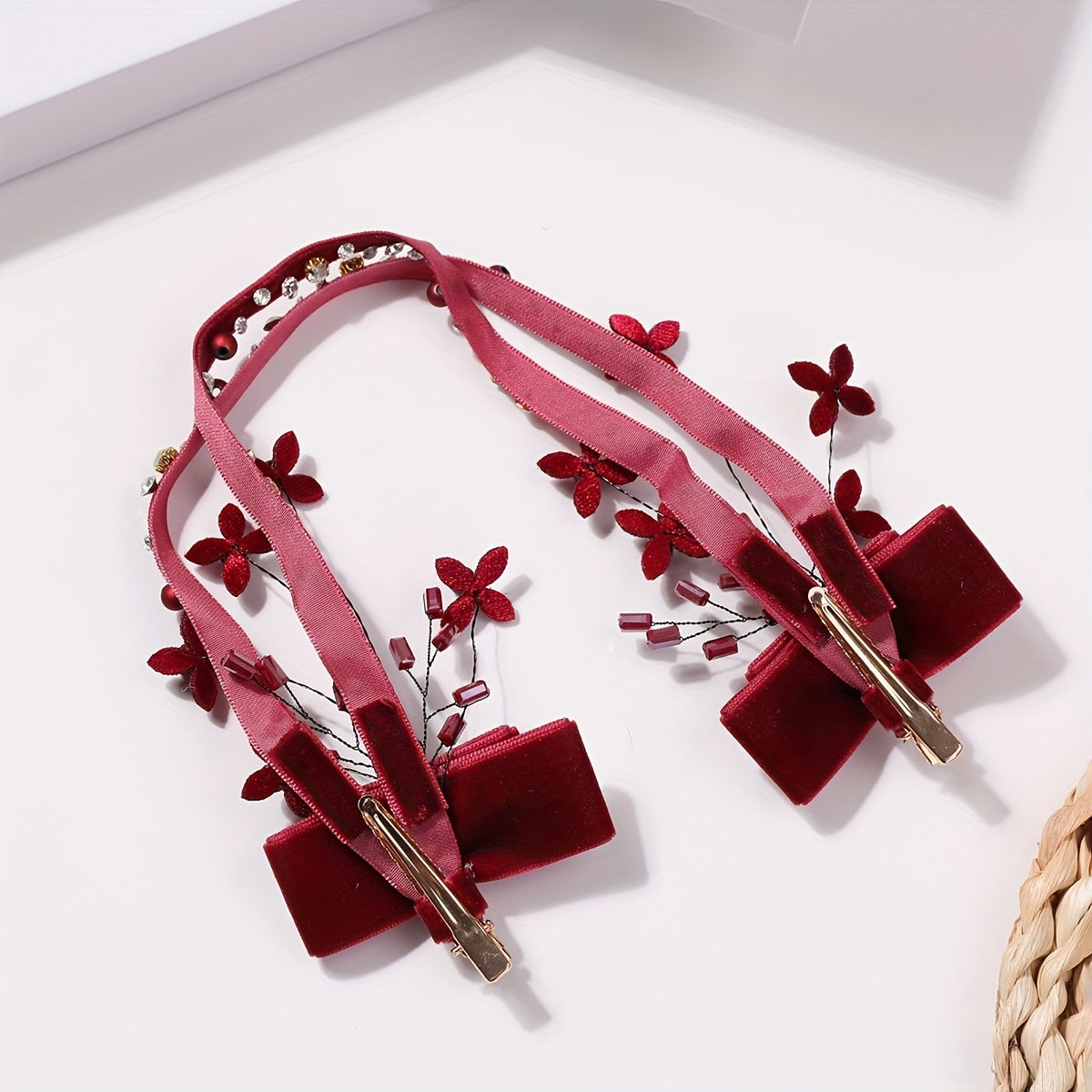 Red Flower Bow Decor Hair Clip Set Beaded Tassel Wedding Bridal Hair Clip