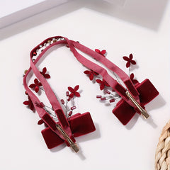 Red Flower Bow Decor Hair Clip Set Beaded Tassel Wedding Bridal Hair Clip