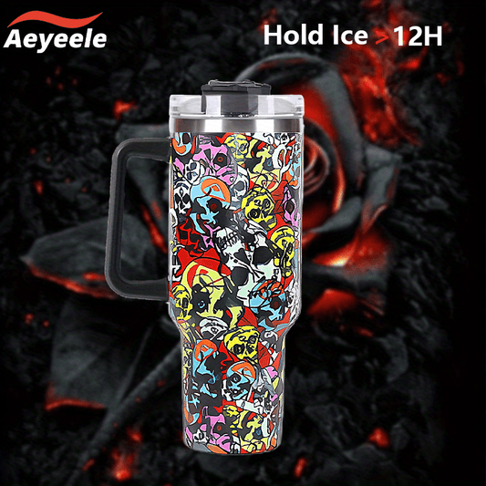 Aeyeele 40oz Skull Series Water Bottle Tumbler With Lid And Straw