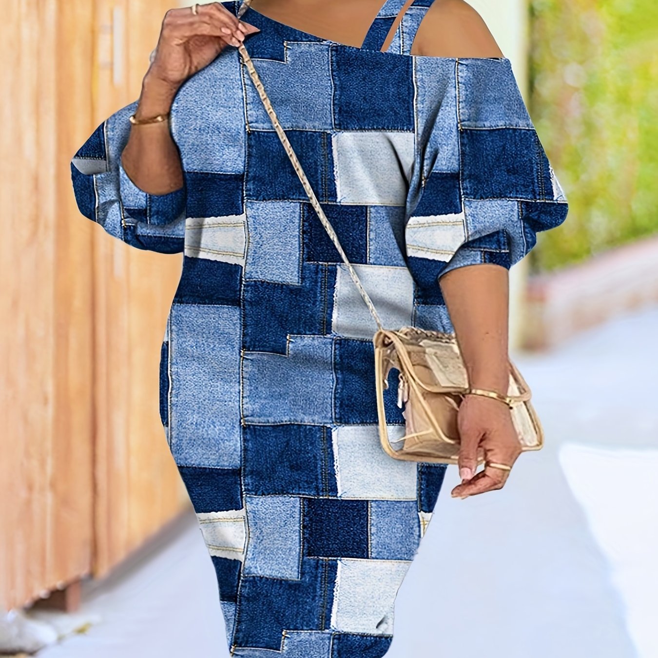  Denim Print Cold Shoulder Bodycon Midi Dress