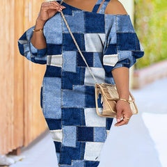  Denim Print Cold Shoulder Bodycon Midi Dress
