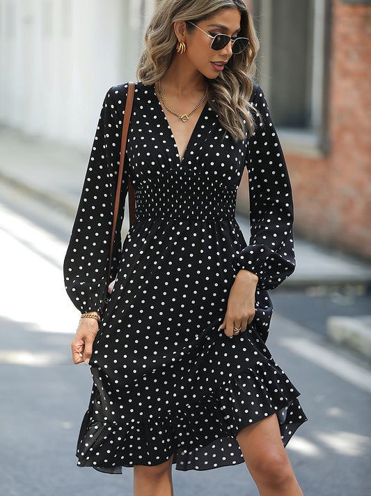 Polka Dot Ruffle Dress V Neck Long Sleeve Loose Fit Summer Women's Clothing