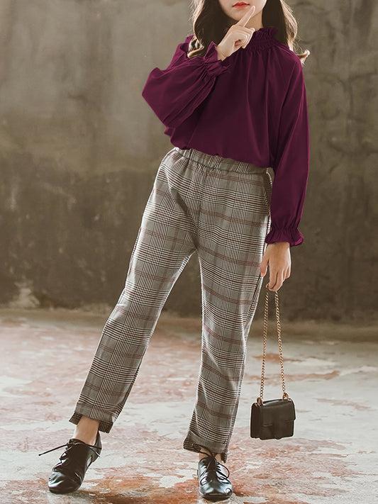 Girls Ruffled Turtleneck Top & Plaid Pants Set
