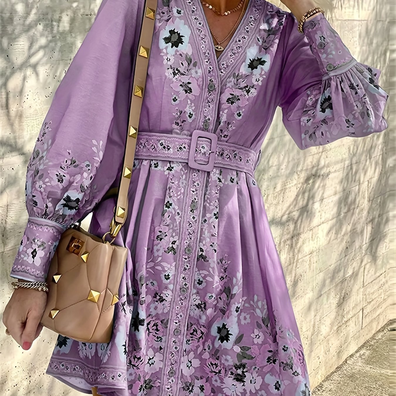  Boho Dress Women's Plus Border Floral Print Long Sleeve V Neck Dress