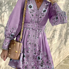  Boho Dress Women's Plus Border Floral Print Long Sleeve V Neck Dress
