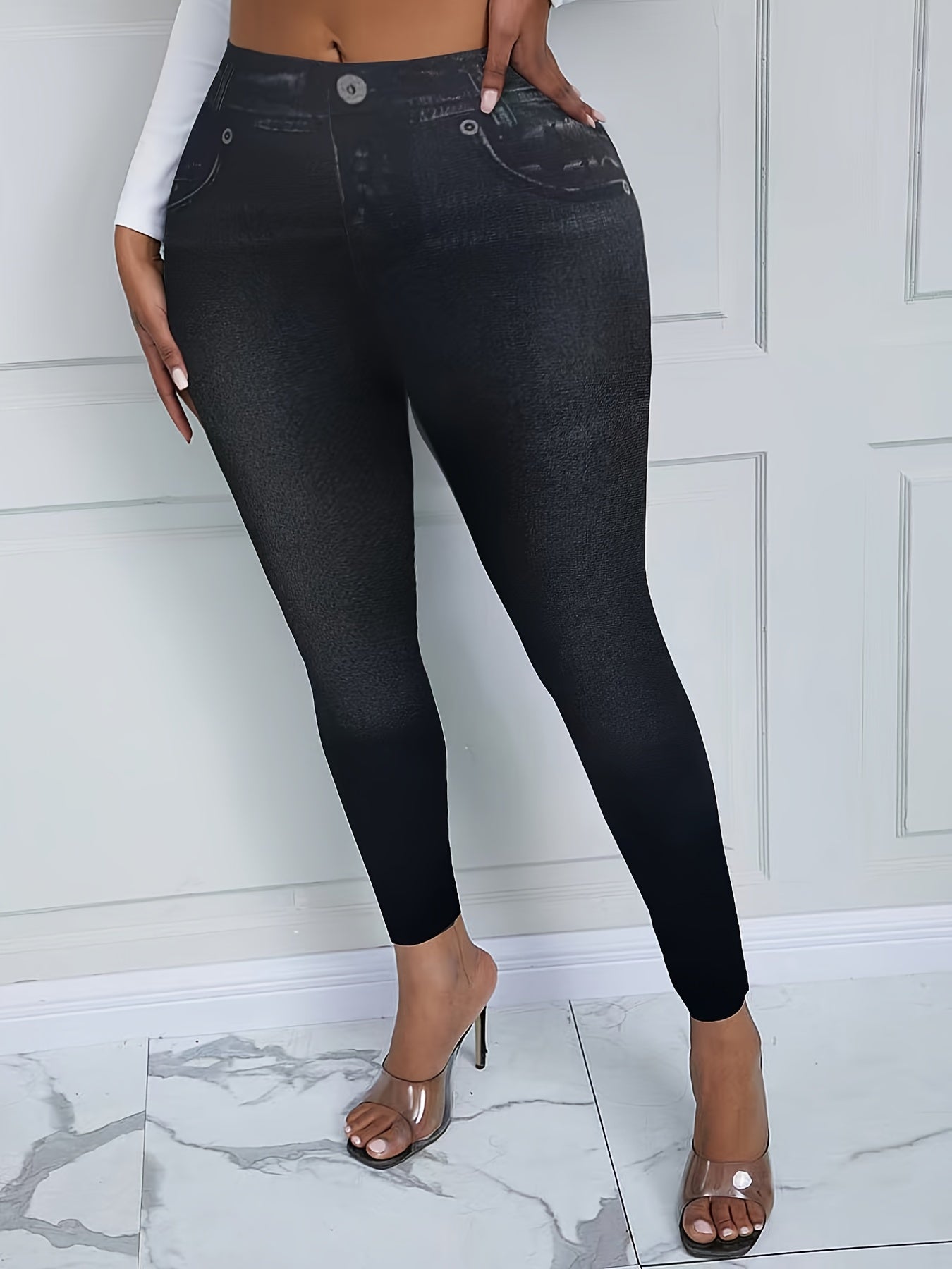 Denim Print Skinny Leggings Pants Casual Stretchy Spring & Summer