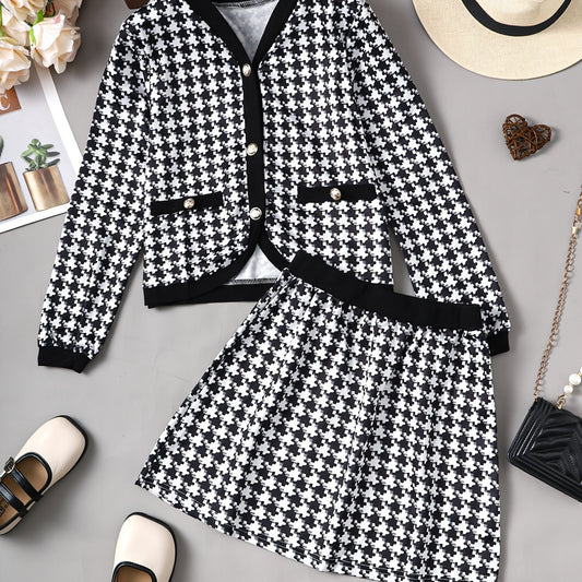 Girls V-neck Cardigan & Skirt 2pcs Houndstooth Casual Kids Clothes