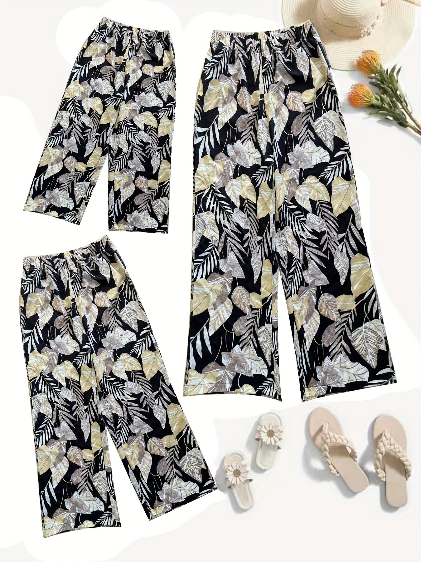  Leaf Print Wide Leg Pants