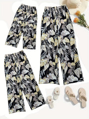  Leaf Print Wide Leg Pants