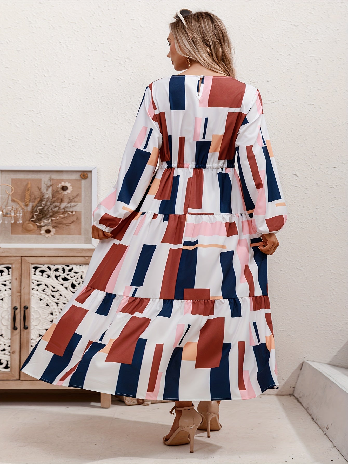  Colorblock Geometric Print Maxi Dress