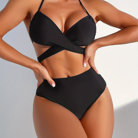 Black Criss Cross 2 Piece Bikini Set Halter Tie High Waist Stretchy Swimsuit