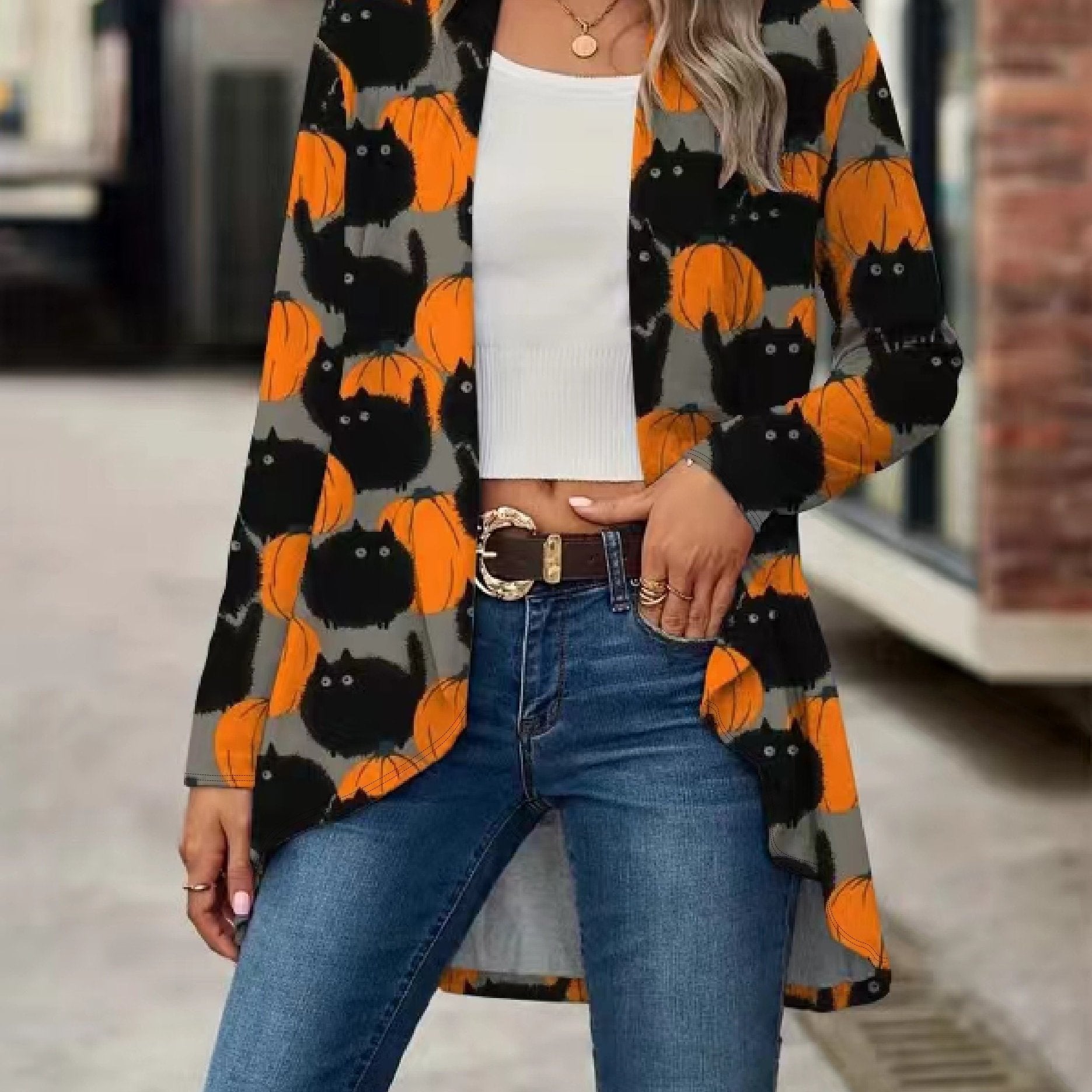  Cat & Pumpkin Print Long Sleeve Cardigan