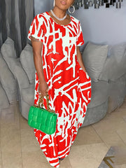 Plus Size Geometric Print Maxi Dress With Pockets