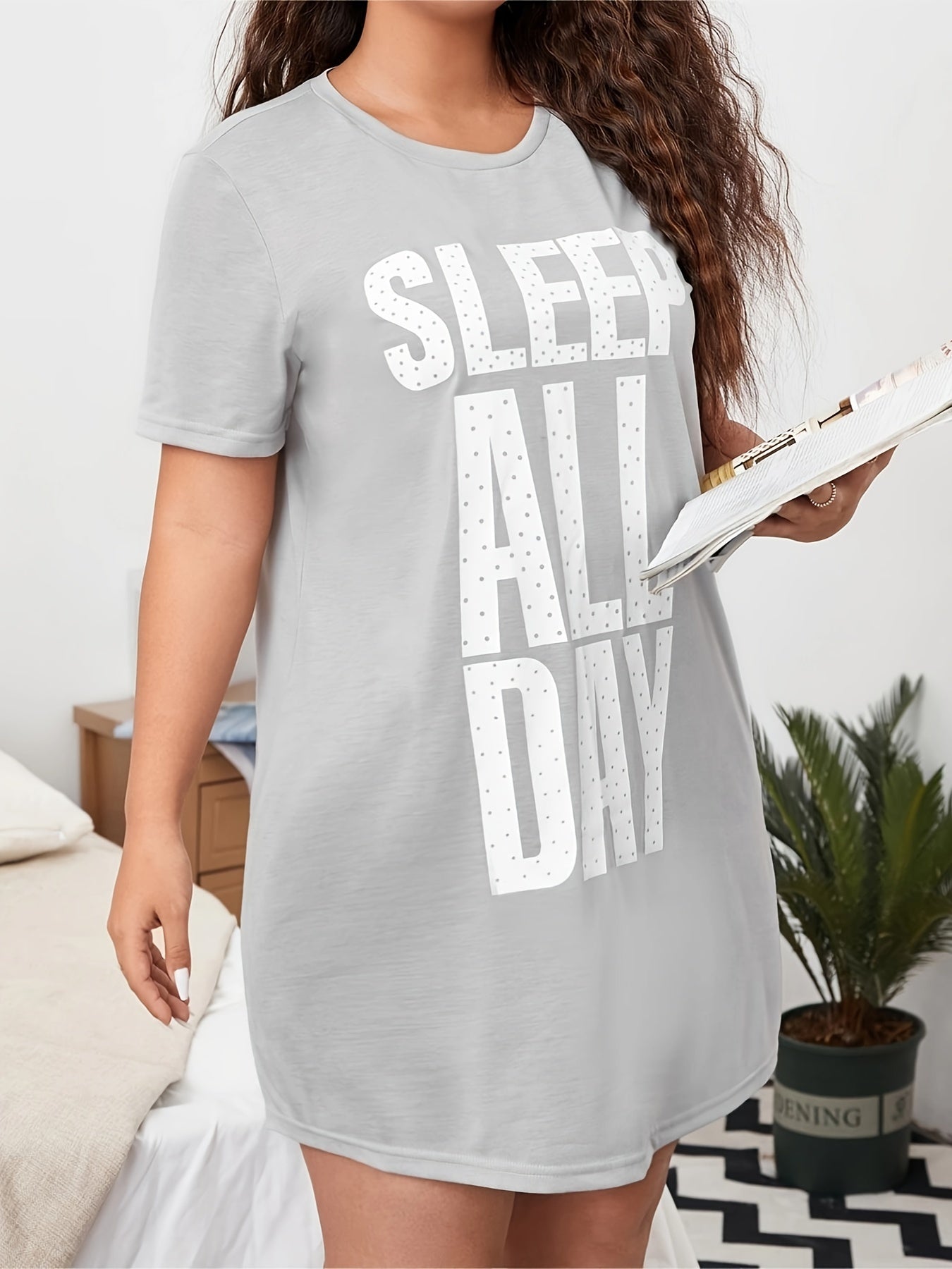  Lounge Dress Women's Plus Polka Dot Letter Print Short Sleeve