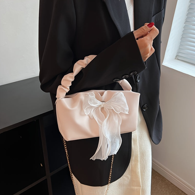 Bow Decor Ruched HandBag Women's Faux Leather Chain Shoulder Bag Crossbody Purse