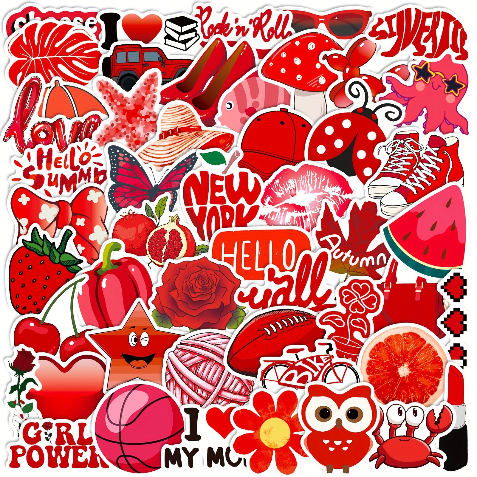 50pcs Red Mix & Match Small Fresh Cartoon Stickers DIY Waterproof Decoration