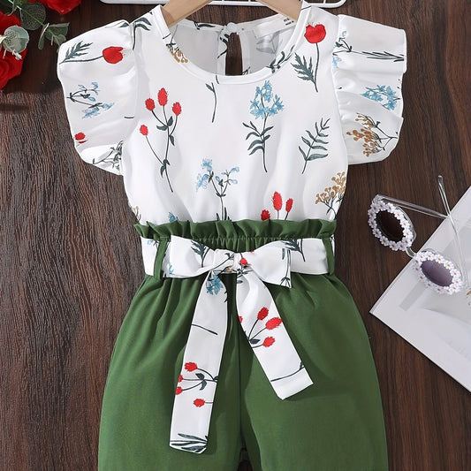 Girl's Floral Pattern Ruffle Sleeve Shirt & Belted Shorts Set