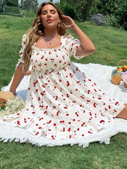 Plus Size Women's Cherry Print Ruffle Trim Puff Sleeve A-Line Dress