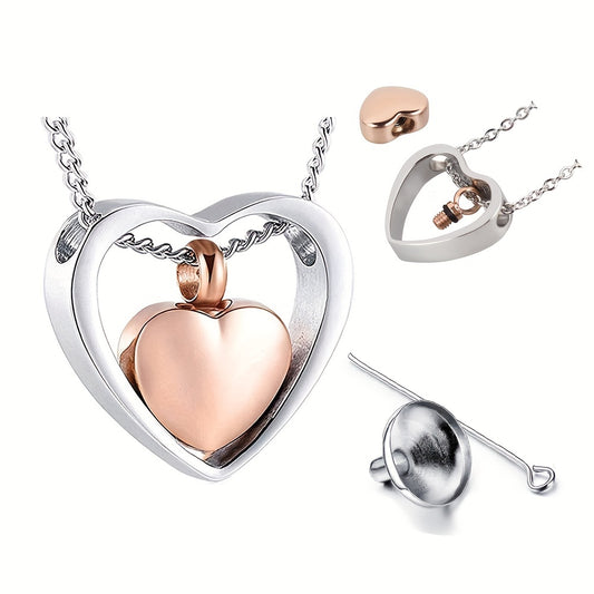 Double Heart Cremation Necklace Stainless Steel Memorial Locket Keepsake