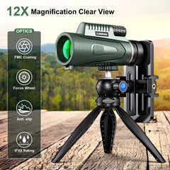12x50 HD Monocular Telescope for Bird Watching Hiking Camping