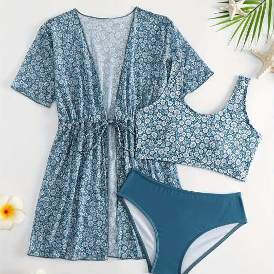 Girls' Tropical Print Bikini Set with Sunscreen Cardigan Shirt