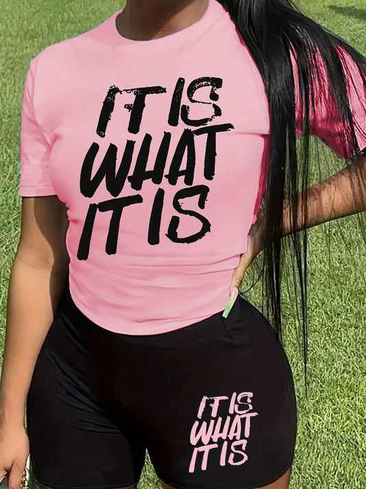 Letter Print Matching Two piece Set Casual Short Sleeve T shirt & Biker Shorts